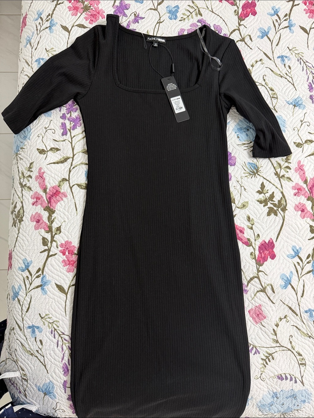 Fashion Nova Black Ribbed Square Neck Midi Bodycon Dress